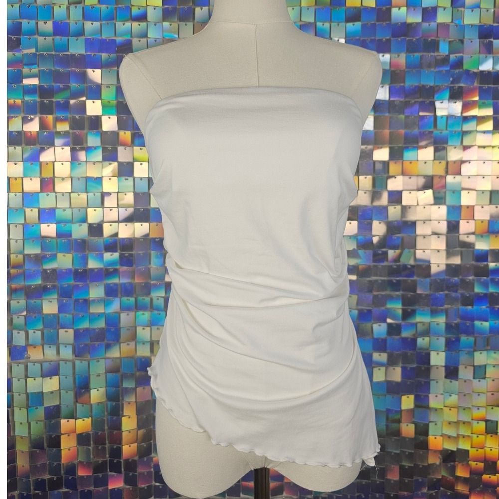 Y2K Tube Top White Ruched Asymmetrical Lettuce Hem